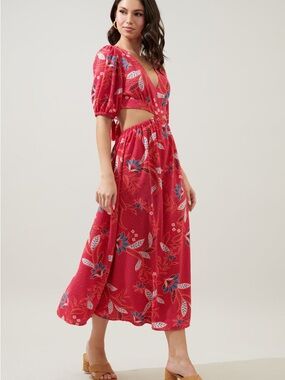 Sugarlips Paisley Cut Out Midi Dress Medium Boho Floral Puff Sleeve Summer